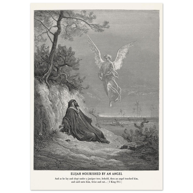 Gustave Dore The Bible engraving print . Elijah nourished by an angel illustration .