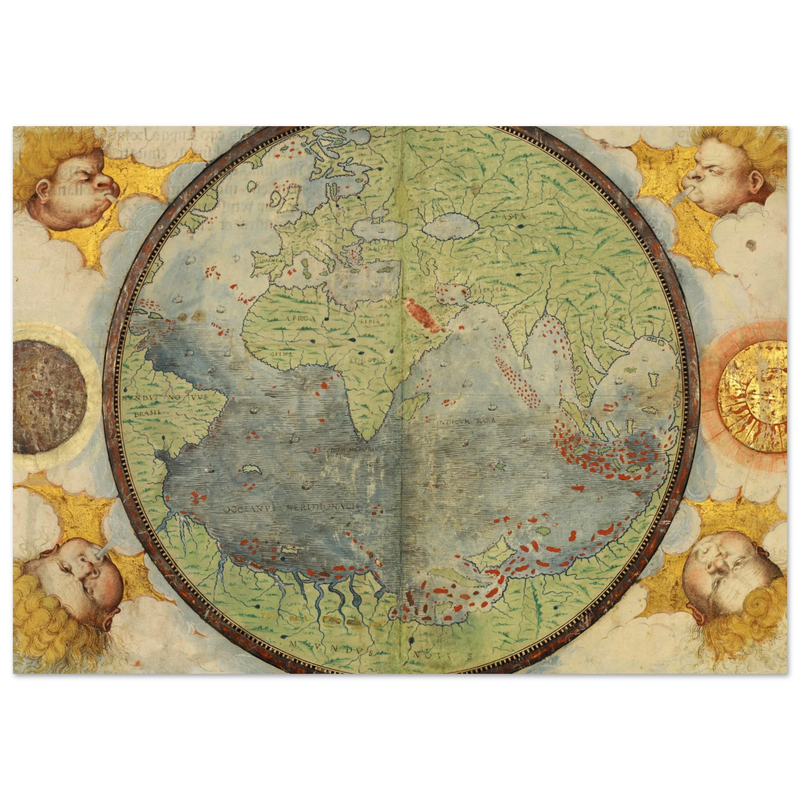 Vintage nautical world map poster reproduction by Lopo Homem 1519