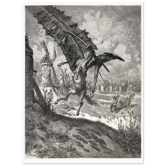 Don Quixote illustration by Gustave Dore. Fight with the wind mills .