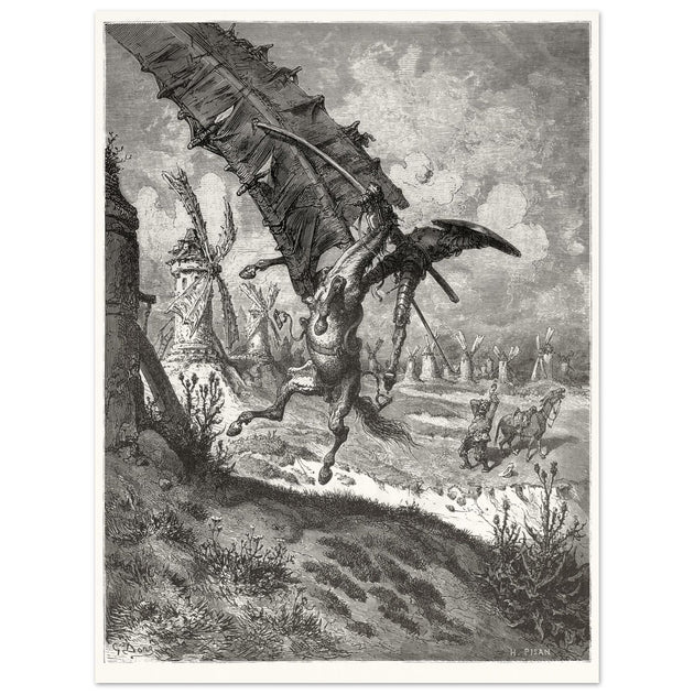 Don Quixote illustration by Gustave Dore. Fight with the wind mills .