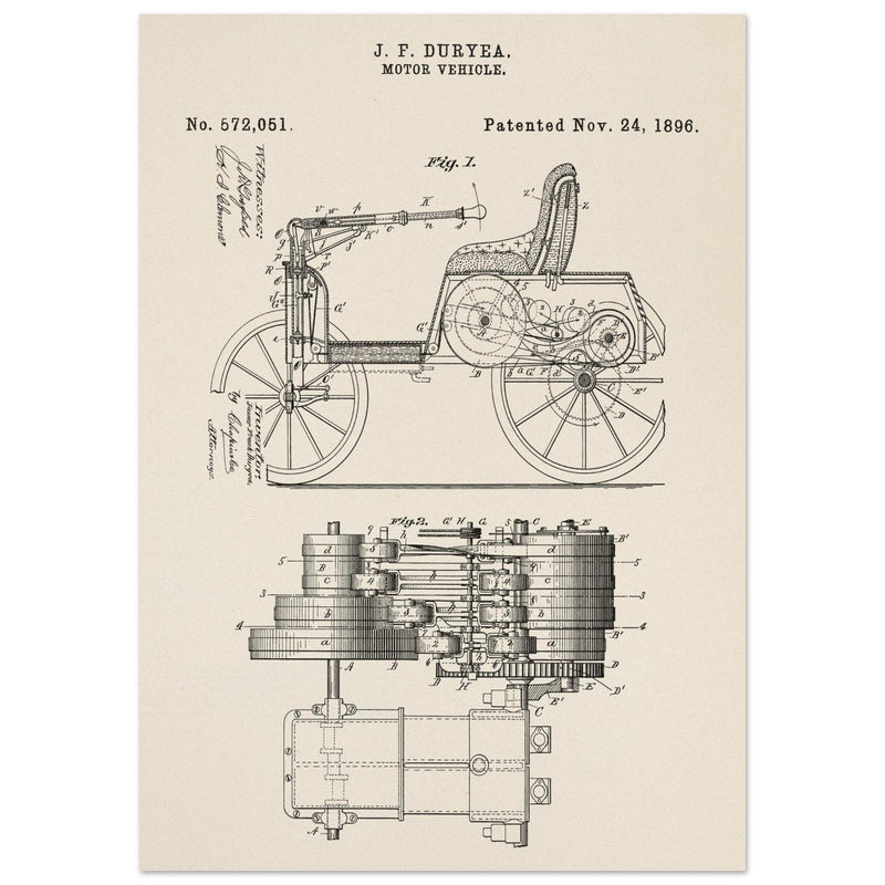 Motor Vehicle patent drawing by James Frank Duryea.