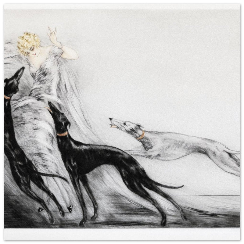 Louis Icart Coursing II - Young Woman with Greyhounds
