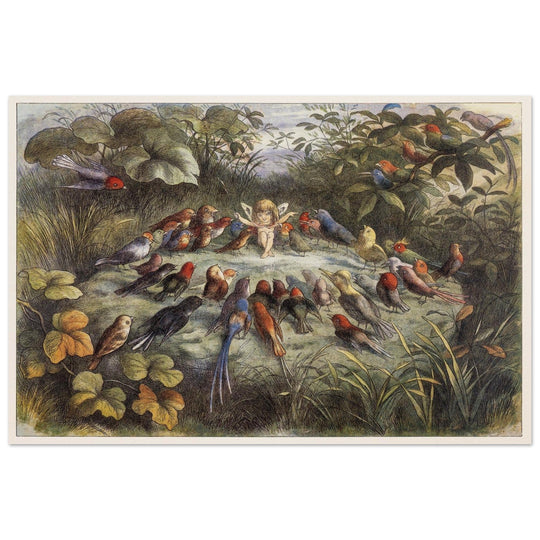 Richard Doyle illustration for Fairyland book. Elf teaching the young birds to sing