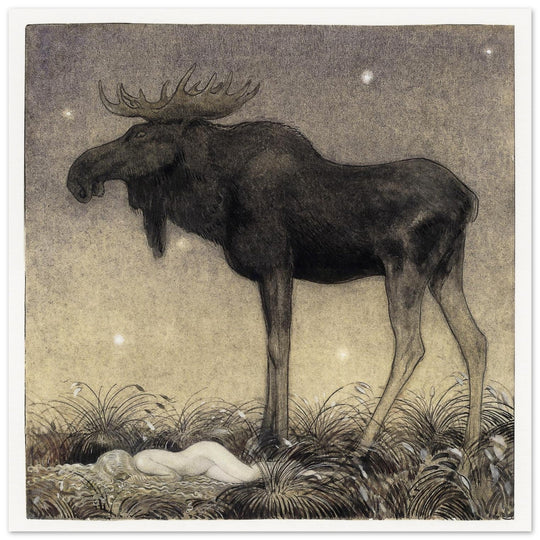 John Bauer vintage illustration print . From the fairy tale Leap the Elk and Little Princess Cottongrass.