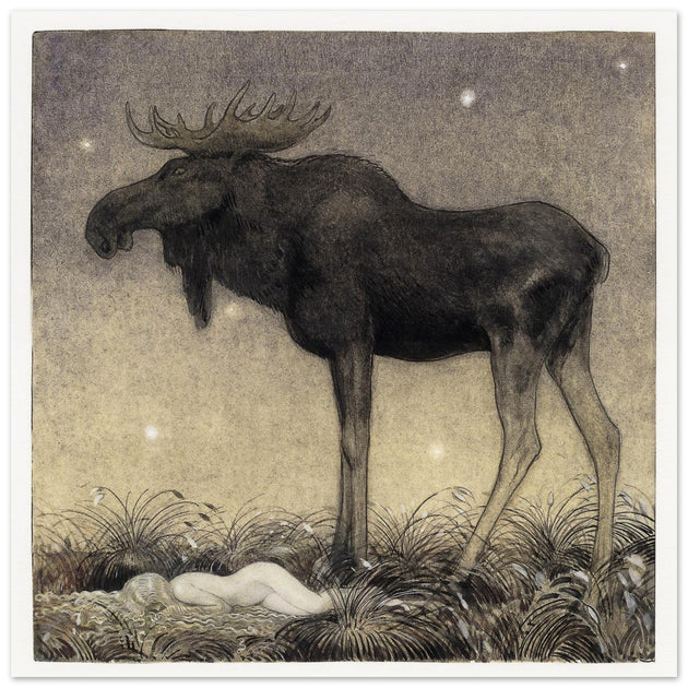 John Bauer vintage illustration print . From the fairy tale Leap the Elk and Little Princess Cottongrass.