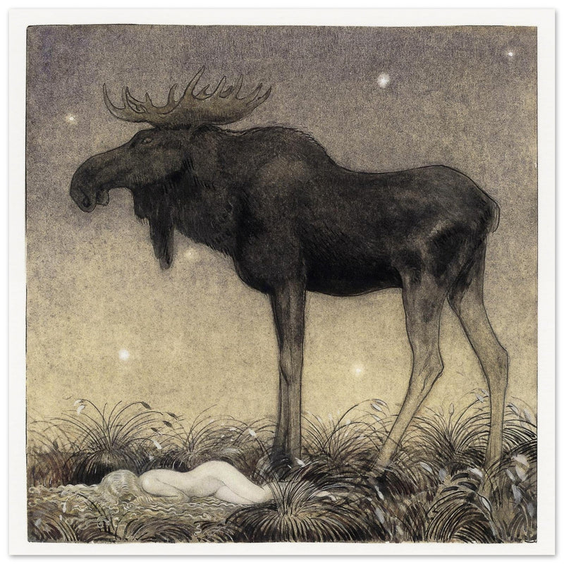 John Bauer vintage illustration print . From the fairy tale Leap the Elk and Little Princess Cottongrass.