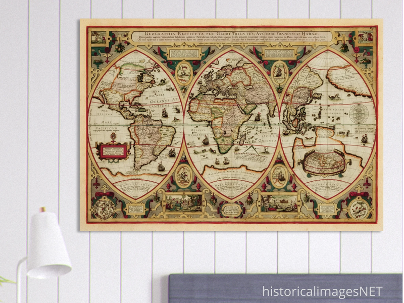 Ancient old world map of 1618. Geographica restituta per globi trientes by Franciscus Haraeus