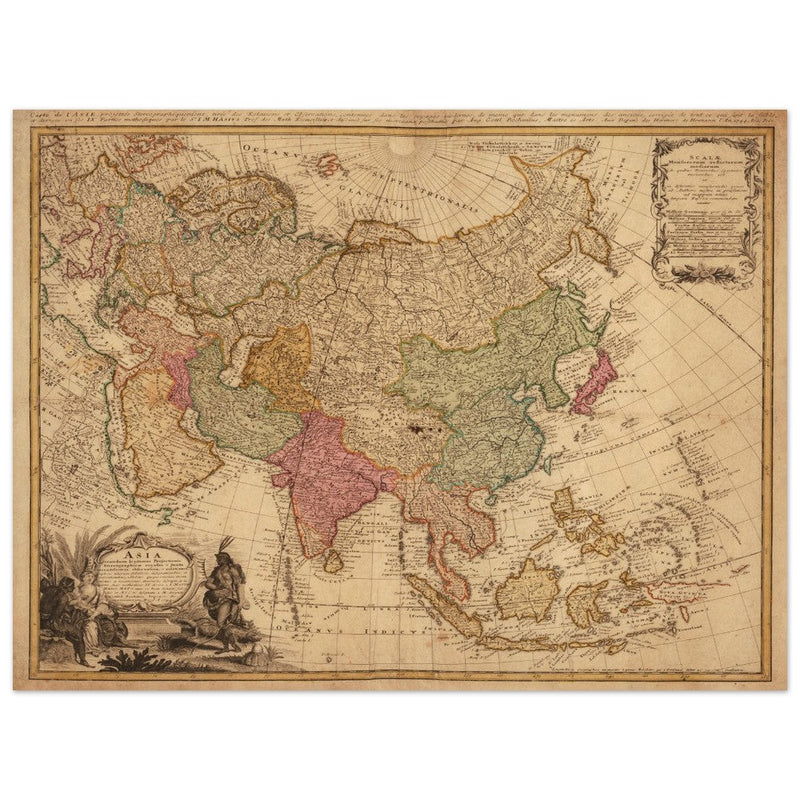 Ancient vintage map of Asia. Beautiful  from an antique asian map of the XVIII century. Art print.