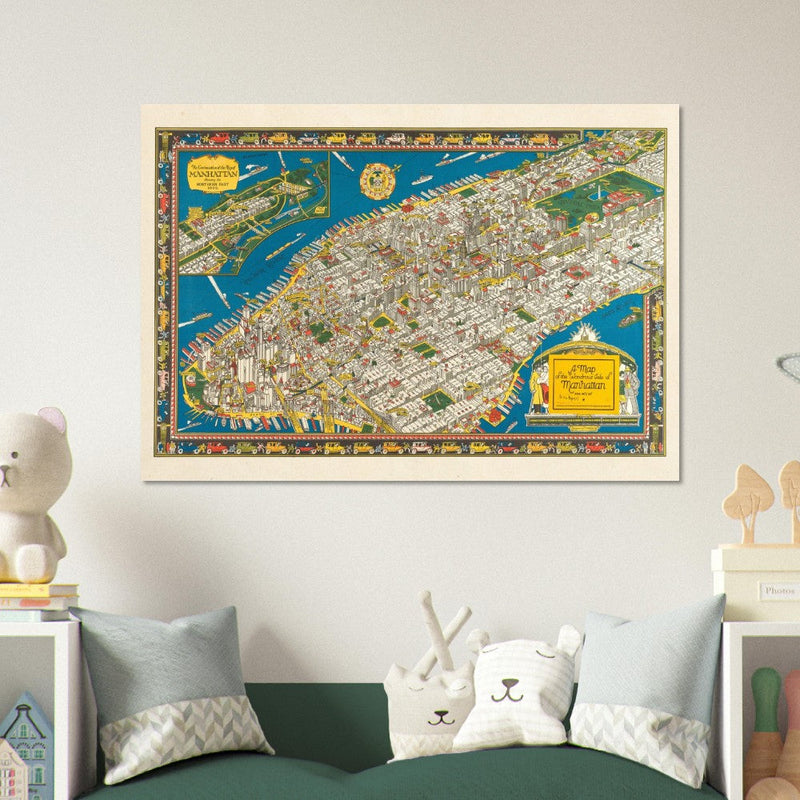 Old map of Manhattan New York City. Antique map reproduction of Manhattan of the 20's
