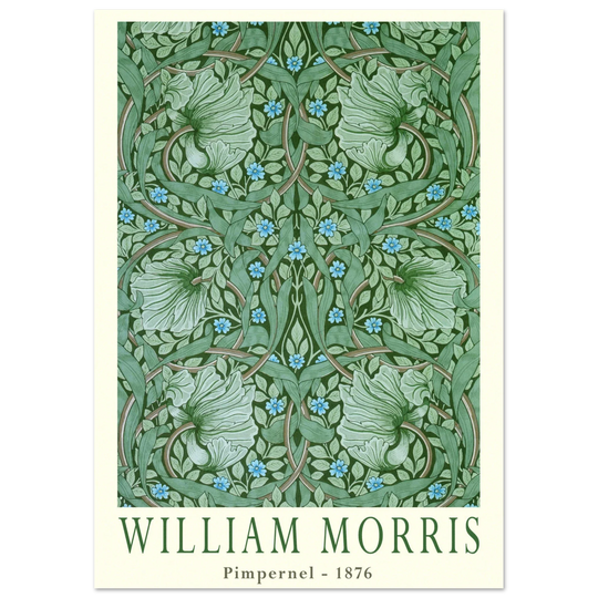 William Morris Pimpernel 1876. Green leaves and flowers wintage wallpaper art print.