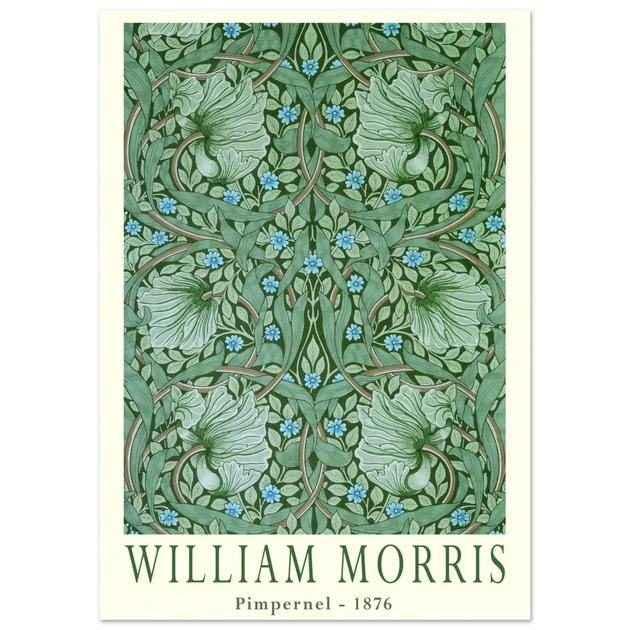 William Morris Pimpernel 1876. Green leaves and flowers wintage wallpaper art print.