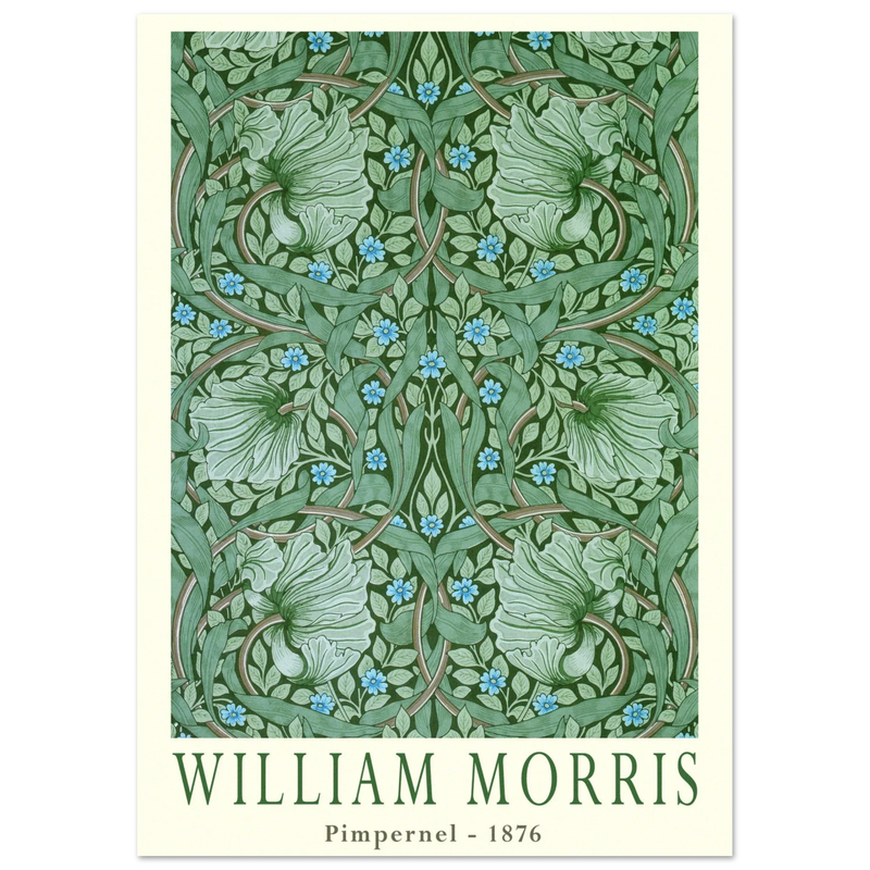 William Morris Pimpernel 1876. Green leaves and flowers wintage wallpaper art print.