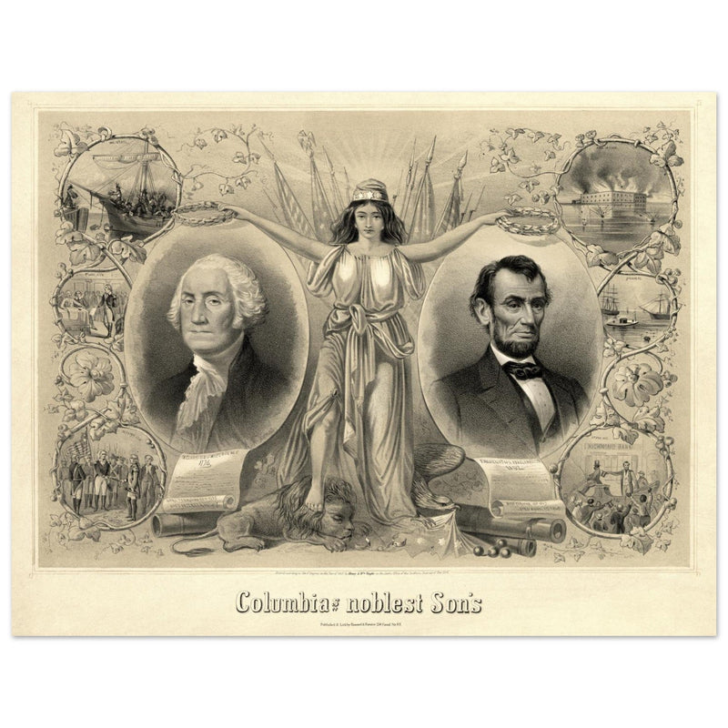 Abraham Lincoln and George Washington. Columbia's noblest sons engraving