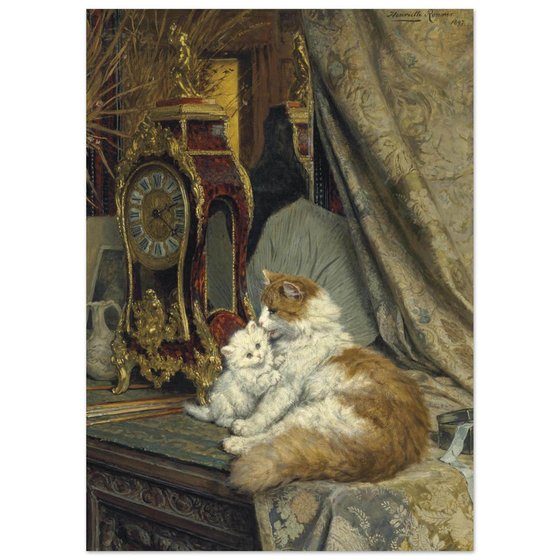 A Mother Cat and her Kitten with a Bracket Clock by Henriette Ronner Knip