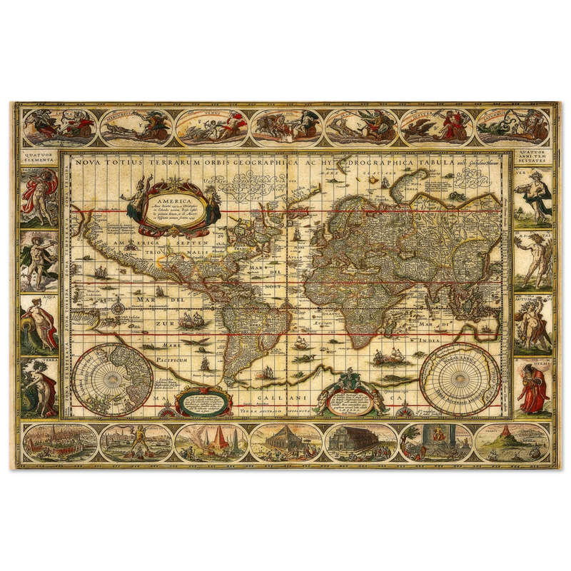 Ancient world map print by Willem Janszoon. Poster of antique vintage old map of 1647.