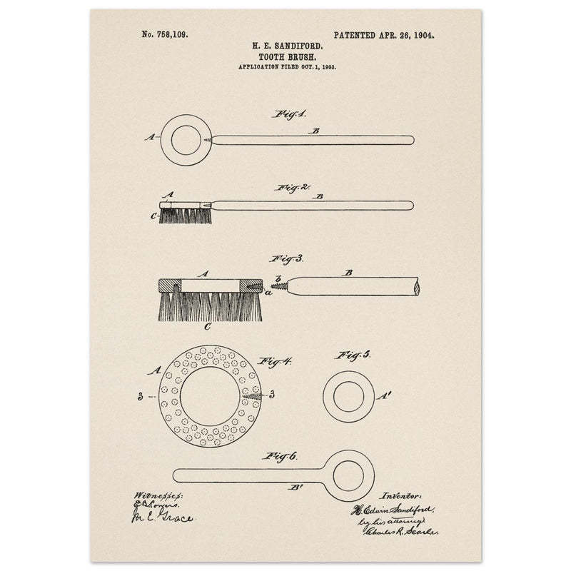 Toothbrush patent illustration by H E Sandiford.