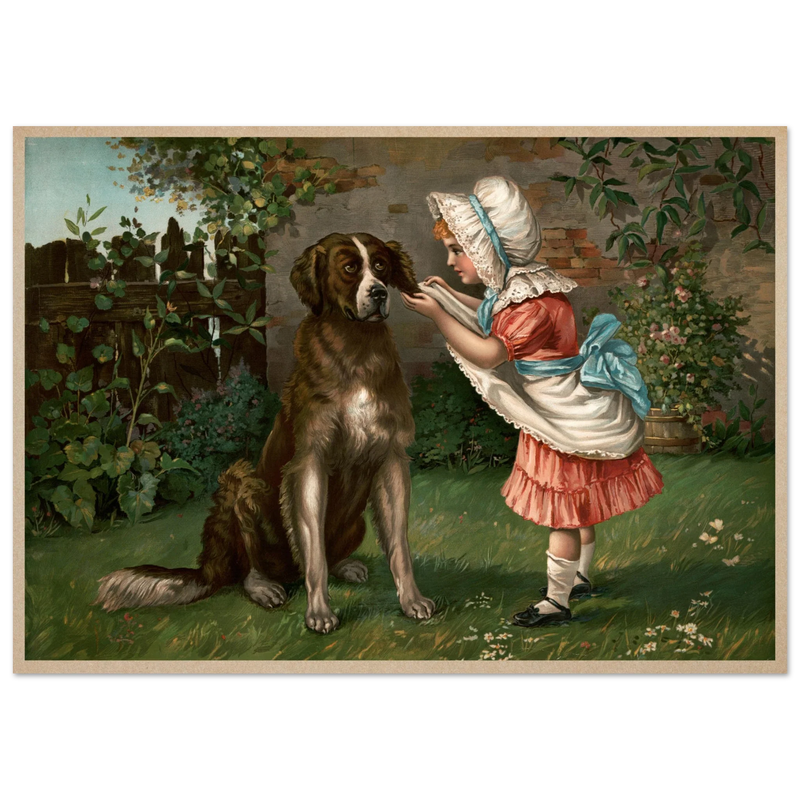 Girl in pink dress and white bonnet with dog vintage illustration poster by Knapp 1892