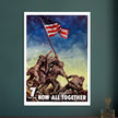 US soldiers rising american flag on mount Iwo Jima. World War 2 vintage poster