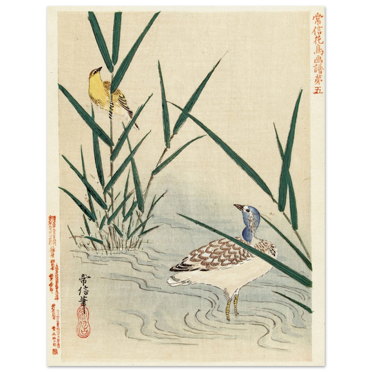 Water bird looking at yellow songbird by Kano Tsunenobu, 1893.