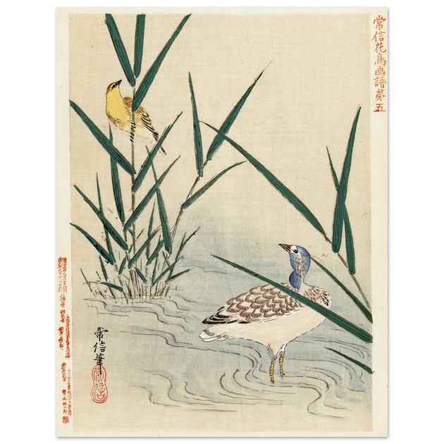 Water bird looking at yellow songbird by Kano Tsunenobu, 1893.