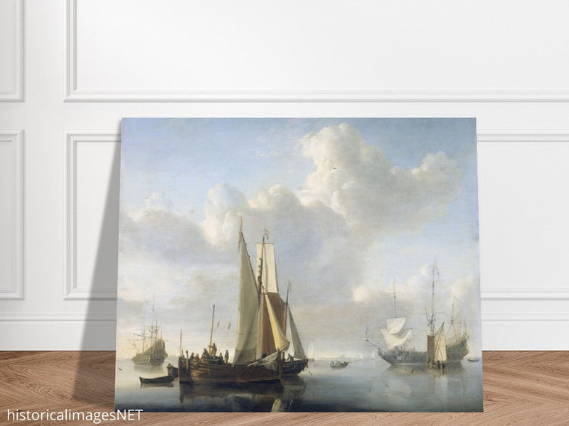 Willem van de Velde Ships before the coast. Marine landscape painting.