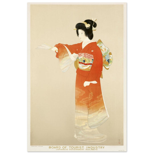 Japan vintage travel advertising poster. Japanese woman print in traditional clothing