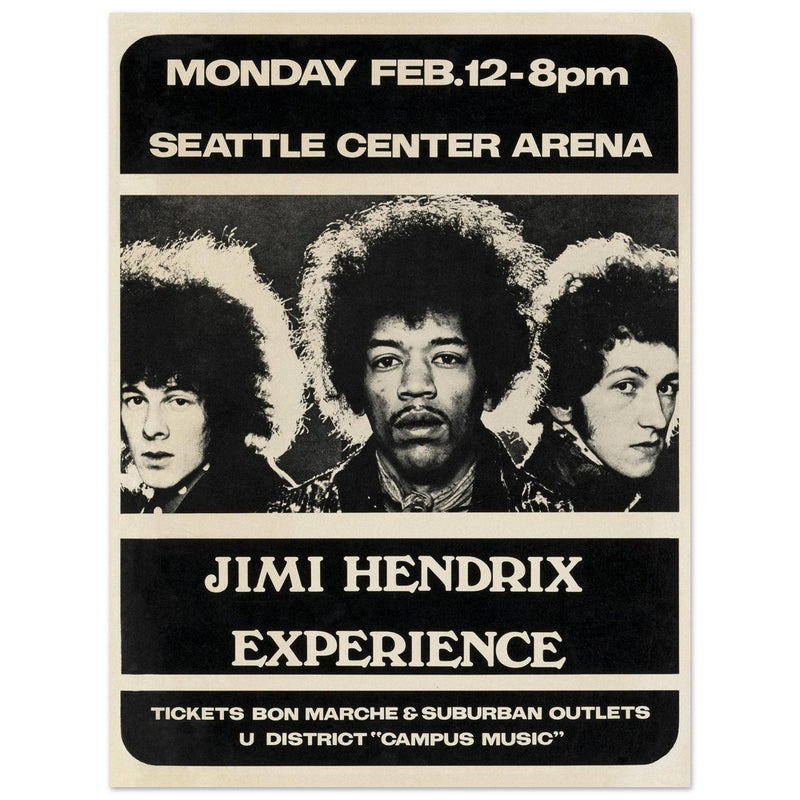 Jimi Hendrix concert poster of his performance at the Seattle Center Arena in 1968.