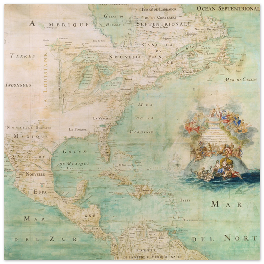 Ancient map of North America poster reproduction of 1681. Carte de l'Amérique Septentrionale et Partie Meridionale by Jean-Baptiste Louis Franquelin