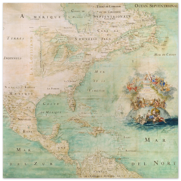 Ancient map of North America poster reproduction of 1681. Carte de l'Amérique Septentrionale et Partie Meridionale by Jean-Baptiste Louis Franquelin