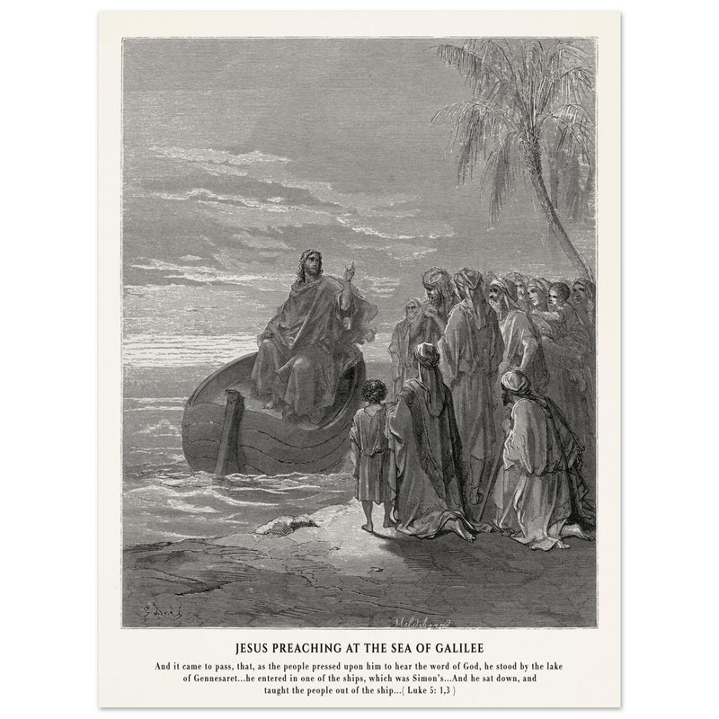 Gustave Dore The Bible engraving print . Jesus preaching at the sea of Galilee .