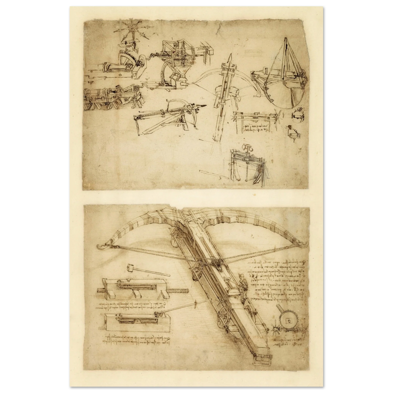 Leonardo da Vinci Atlantic Codex (Codex Atlanticus) Giant crossbow drawing reproduction.