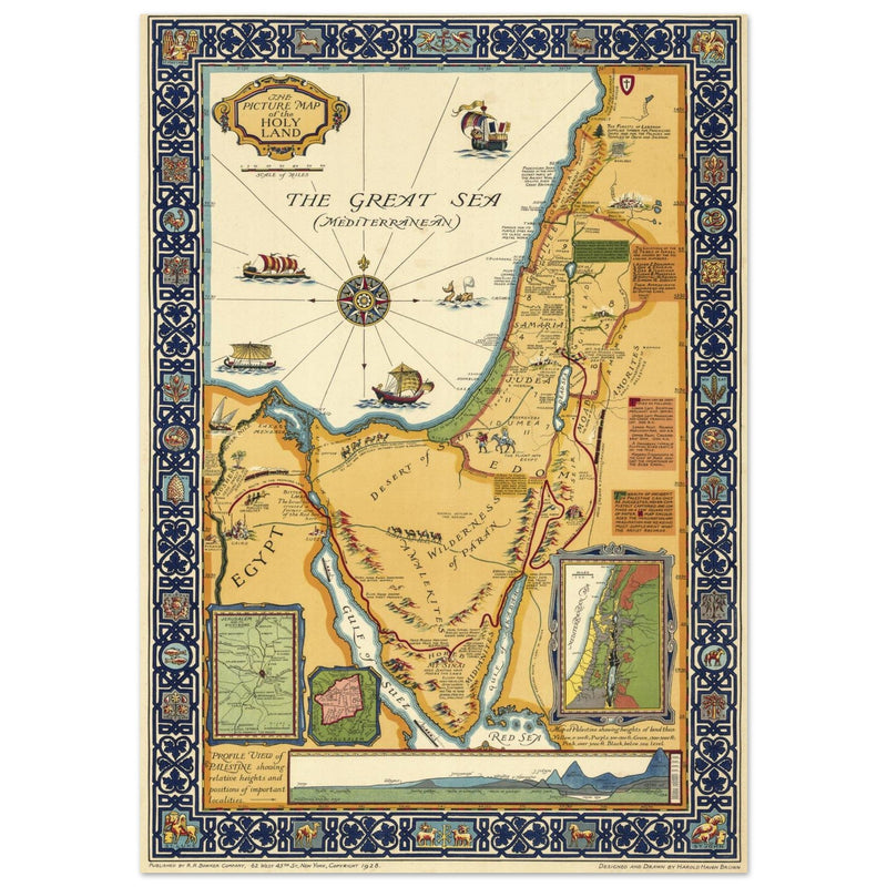 The Picture Map of the Holy Land by Harold Haven Brown . Biblical Palestine vintage map.