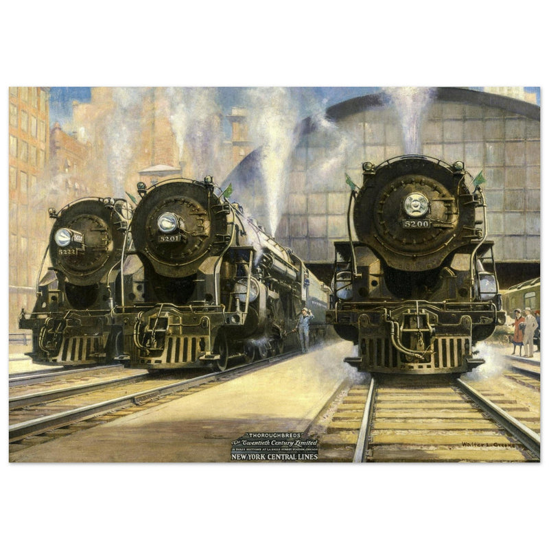 Train station with steam locomotives illustration by Walter L Greene. Thoroughbreds artwork print .