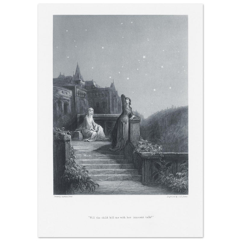Gustave Dore illustration of King Arthur legend . Terrace scene with Guinevere. From the book Idylls of the King by Alfred Tennyson.