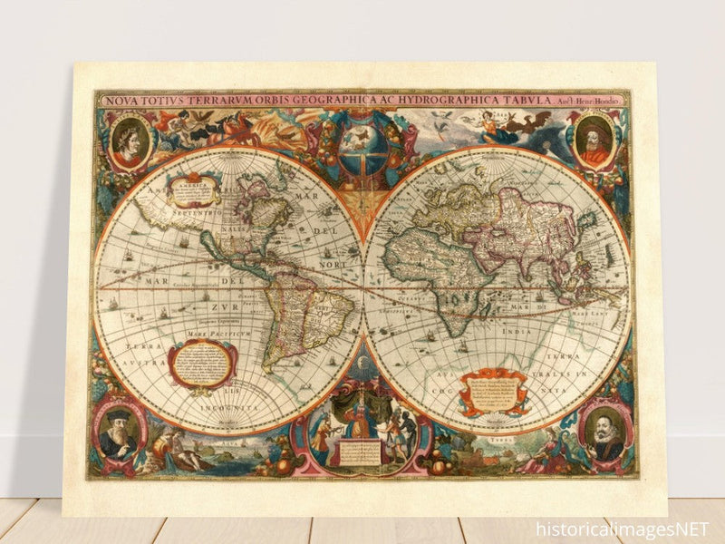 1638 Double hemisphere old world map by Hendrik Hondius.