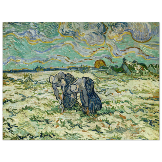 Two digging peasant women digging on a snow covered field by Vincent Van Gogh