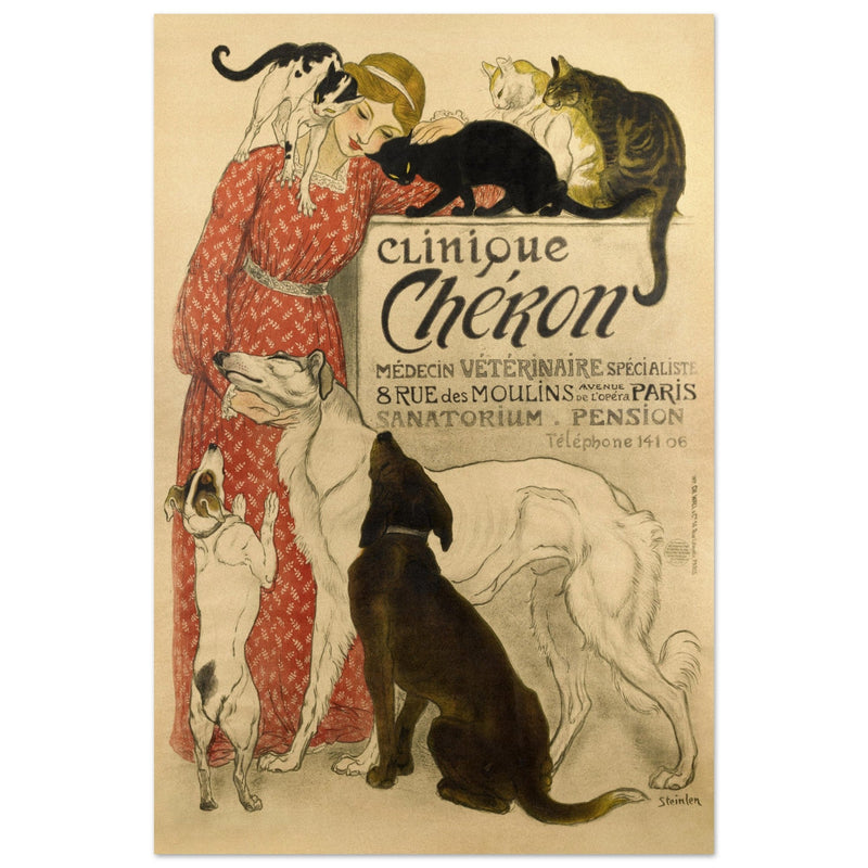 Theophile Steinlen Clinique Cheron. Beautiful vintage poster depicting a woman surrounded by cats and dogs in a veterinarian clinic.