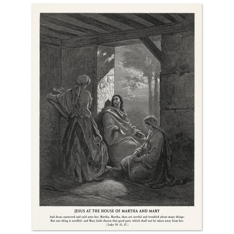 Gustave Dore The Bible engraving print . Jesus at the house of Martha and Mary .
