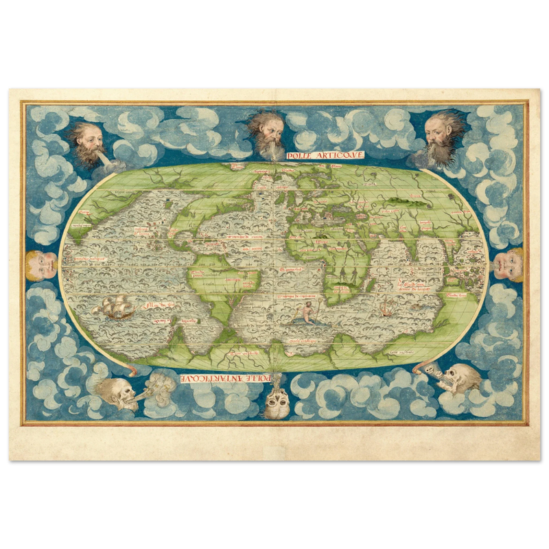 Ancient vintage old map of the world poster reproduction by Guillaume Le Testu 1555