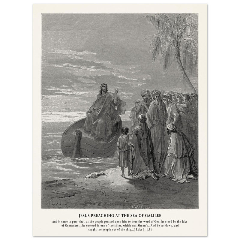 Gustave Dore The Bible engraving print . Jesus preaching at the sea of Galilee .