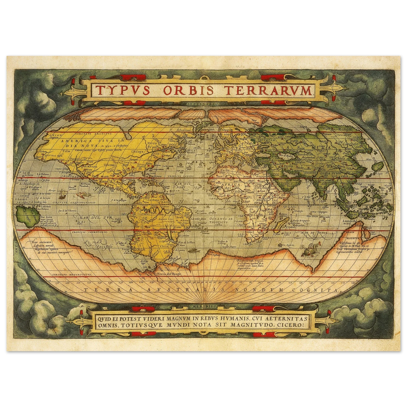 Ancient map reproduction print of a world map of 1579 Typus Orbis Terrarum by Abraham Ortelius.