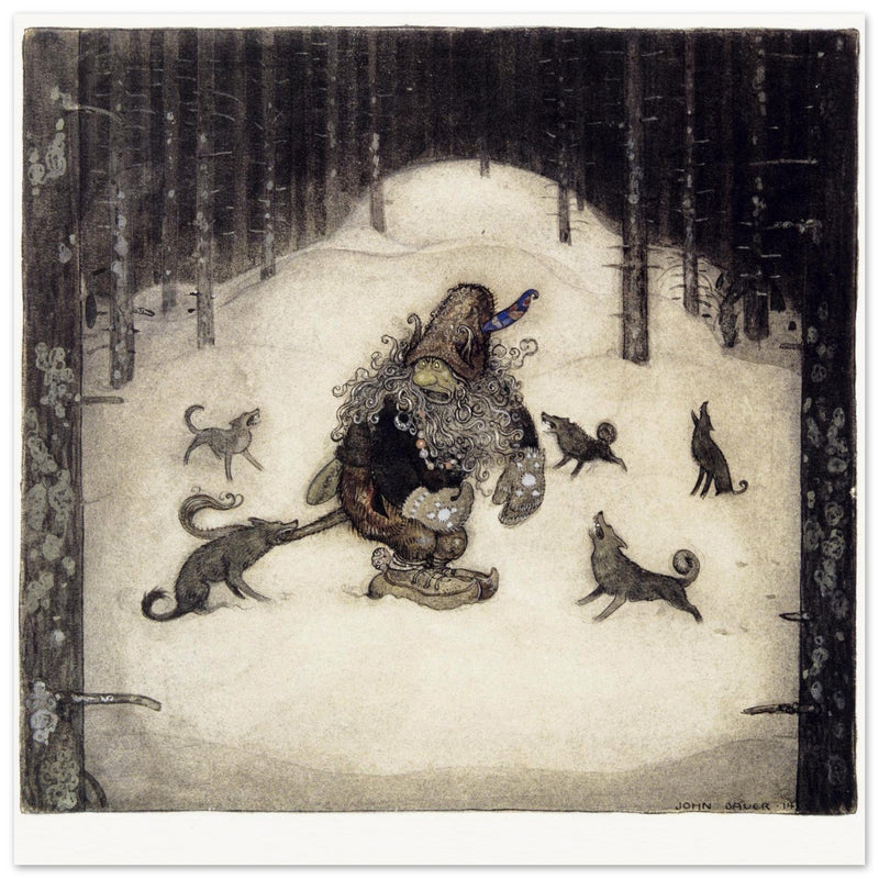 John Bauer vintage illustration . Troll surrounded by wolves.