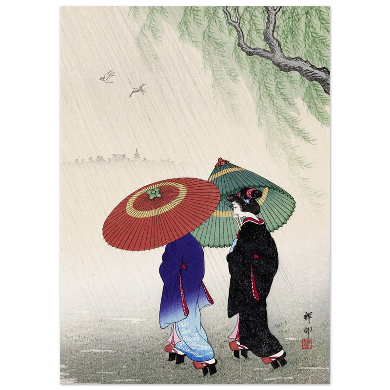 Two women in the rain by Ohara Koson
