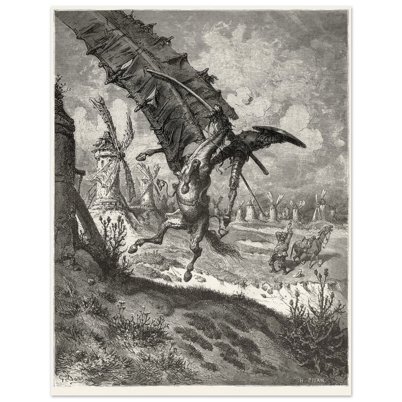 Don Quixote illustration by Gustave Dore. Fight with the wind mills .