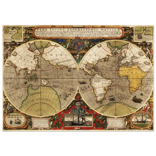 Vera Totius Expeditionis Nauticae double hemisphere map by Jodocus Hondius