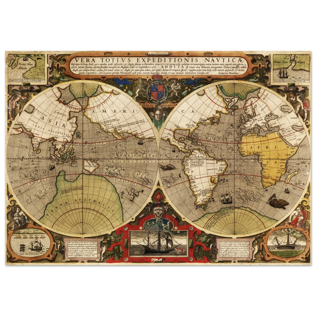 Vera Totius Expeditionis Nauticae double hemisphere map by Jodocus Hondius