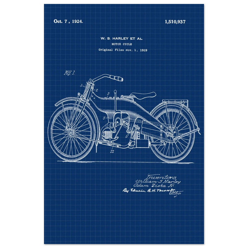 Vintage motorcycle patent by William S Harley founder of harley davidson.