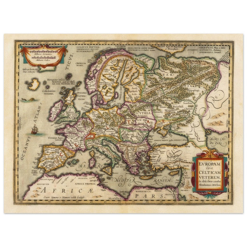 Ancient map of Europe and the Celts. Europam sive Celticam veterem by Abraham Ortelius.