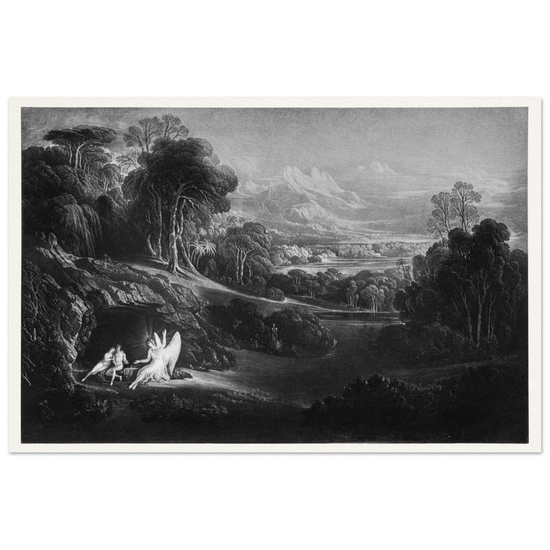 John Martin Paradise Lost vintage mezzoting engraving . Raphael Conversing with Adam and Eve .