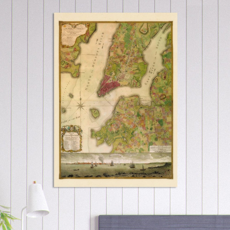 Beautiful antique old map from above of New York City 1770 by Bernad Ratzer